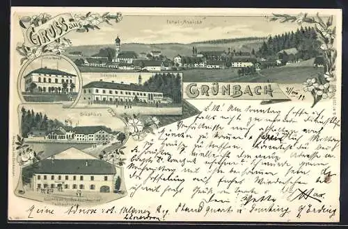 Lithographie Grünbach / Obb., Gasthaus v. Jos. Eschbaumer und Postamt, Schulhaus, Schloss, Brauhaus