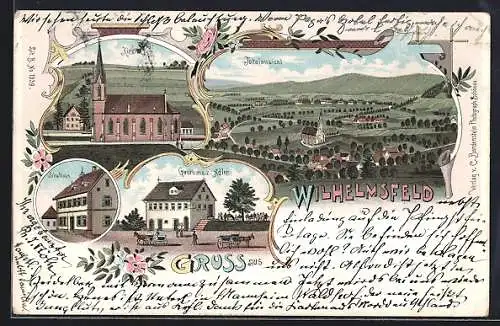 Lithographie Wilhelmsfeld / Heidelberg, Gasthaus z. Adler, Schulhaus, Kirche