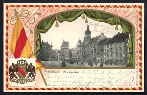 Passepartout-Lithographie Pforzheim /Marktplatz, Strassenpartie mit Geschäften und Rathaus, Wappen