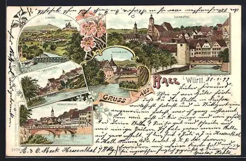 Lithographie Hall i. Württ., Henkersbrücke, Kettensteg, Roter Steg