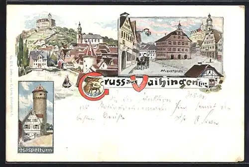 Lithographie Vaihingen / Enz, Marktplatz mit Gasthaus zur Post, Haspelturm, Burg