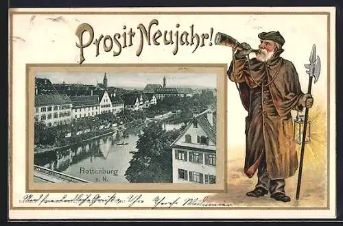 Passepartout-Lithographie Rottenburg a. N., Panorama, Wächter mit Horn, Neujahrsgruss