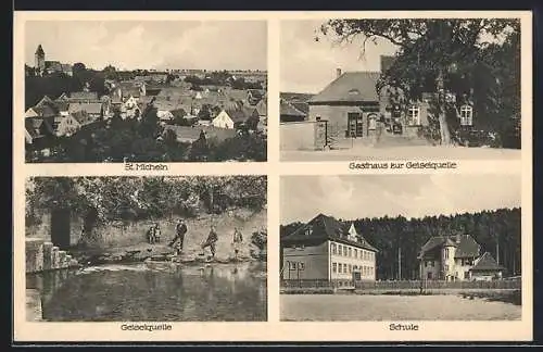 AK St. Micheln b. Mücheln, Gasthaus zur Geiselquelle, Schule, Teilansicht