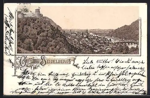 Lithographie Heidelberg / Neckar, Panorama