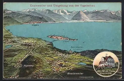 Künstler-AK Eugen Felle: Enzisweiler, Gasthof zur Traube, Panorama mit Lindau, Hoyerberg und Bregenz