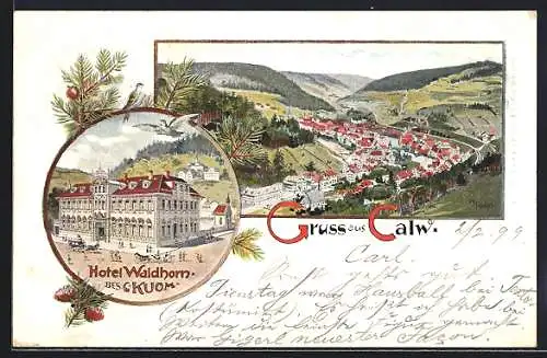 Lithographie Calw, Hotel Waldhorn, Teilansicht