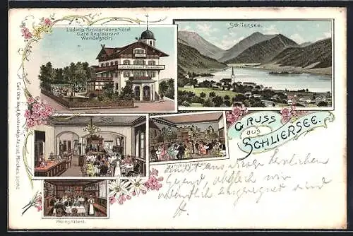 Lithographie Schliersee, Hotel & Café Wendelstein, Innenansicht, Ortsansicht