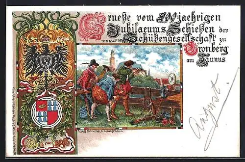 Lithographie Kronberg / Taunus, Jubiläums-Schiessen der Schützengesellschaft 1898, Schützen, Zielscheibe und Wappen