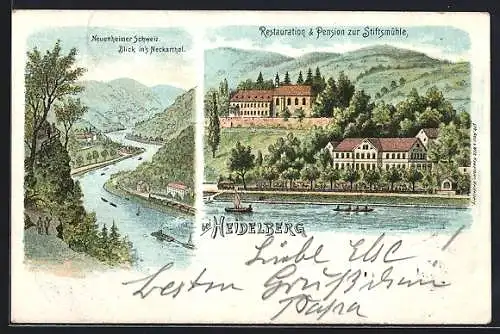 Lithographie Heidelberg / Neckar, Restaurant & Pension zur Stiftsmühle, Blick in`s Neckarthal in der Neuenheimer Schweiz