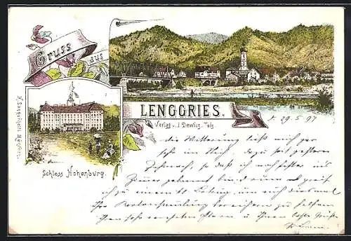 Lithographie Lenggries, Teilansicht, Schloss Hohenburg