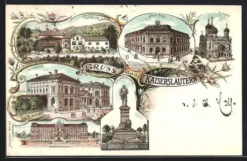 Lithographie Kaiserslautern, Gewerbemuseum, Hauptbahnhof, Synagoge