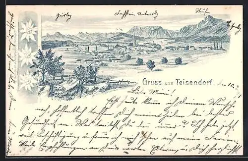 Lithographie Teisendorf, Teilansicht mit Bergen