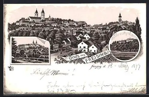 Lithographie Freising, Panoramablick auf die Ortschaft