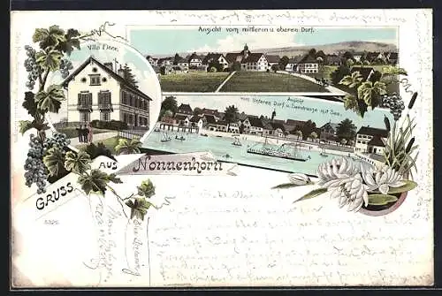 Lithographie Nonnenhorn, Hotel Villa Flerx, Unteres Dorf mit See und Seeterrasse