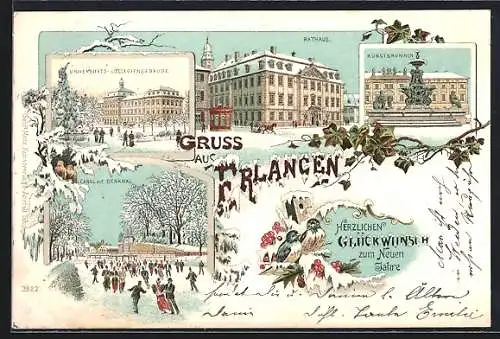 Winter-Lithographie Erlangen, Universitäts-Collegiengebäude, Rathaus, Kunstbrunnen, Neujahrsgruss