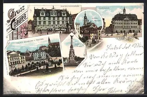 Lithographie Coburg, Regierungsgebäude, Rathaus, Morizturm