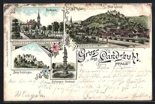 Lithographie Landstuhl / Pfalz, Ansicht vom Stadtpark, Sickingen-Denkmal, Burg Sickingen