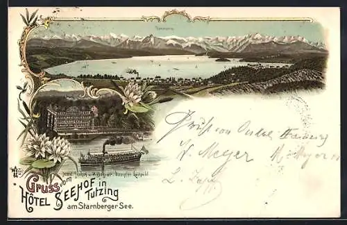 Lithographie Tutzing am Starnberger See, Hôtel Seehof & Dampfer Luitpold, Panorama