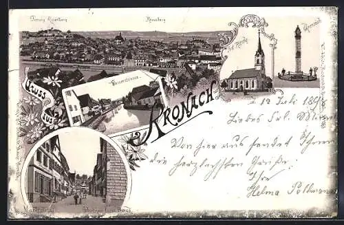 Lithographie Kronach, Teilansicht mit Festung Rosenberg und Kreuzberg, Marktplatz mit Geburtshaus Lucas Kranach