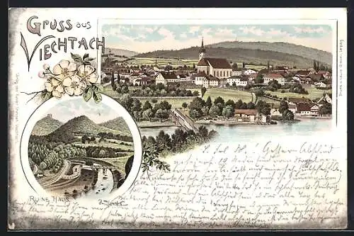 Lithographie Viechtach, Teilansicht mit Kirche, Ruine Haus