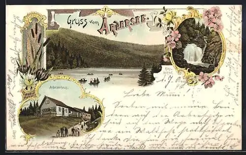 Lithographie Bayerisch Eisenstein, Arberseehaus, Rieslochfall, Wasserblick