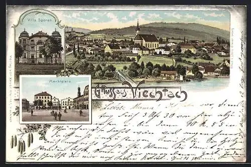 Lithographie Viechtach, Teilansicht mit Kirche, Villa Sporen, Marktplatz