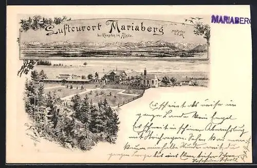 Lithographie Mariaberg bei Kempten, Hotel und Kirche mit Bergpanorama