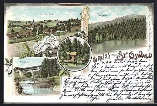 Lithographie St. Oswald, Viaduct, Rachelsee, Dienst-Hütte