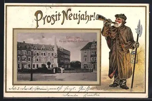 Passepartout-Lithographie Erlangen, Kaiser Wilhelm-Denkmal, Wächter mit Horn, Neujahrsgruss