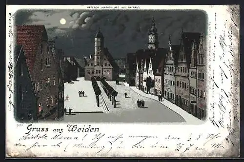 Lithographie Weiden / Oberpfalz, Unterer Marktplatz mit Rathaus