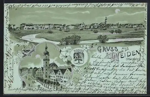 Mondschein-Lithographie Weiden / Oberpfalz, Teilansicht, Marktplatz mit Kirche, Wappen