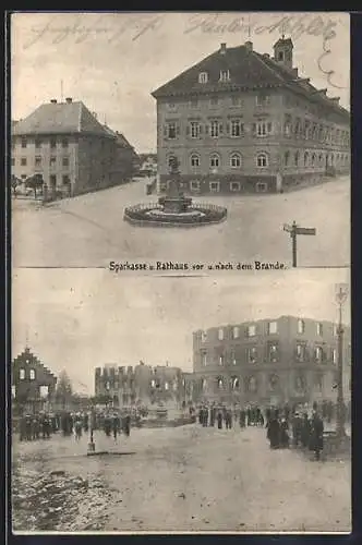 AK Donaueschingen, Brandkatastrophe 1908, Sparkasse und Rathaus vor und nach dem Brande, Menschenmenge