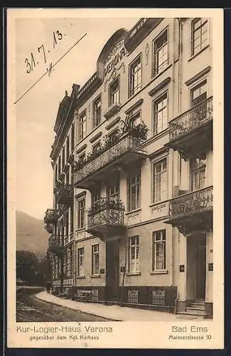 AK Bad Ems, Hotel Kur-Logier-Haus Verona, Mainzerstrasse 10, Ansicht mit Strasse und Bergblick