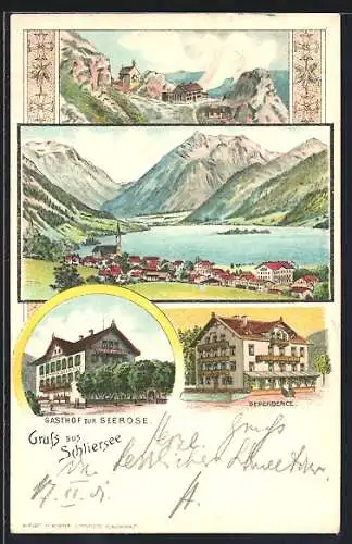 Lithographie Schliersee, Gasthaus zur Seerose, Dependance, Totalansicht