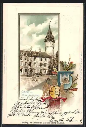 Passepartout-Lithographie Ravensburg / Württ., Schloss mit Wappen