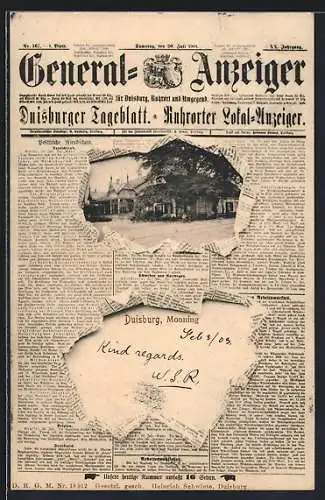 Zeitung-AK Duisburg-Ruhrort, Monning, Titelseite des General-Anzeigers