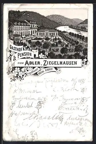 Lithographie Ziegelhausen, Gasthof-Pension zum Adler H. Knauf mit Gartenanlagen und Umgebung aus der Vogelschau