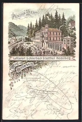 Lithographie Heidelberg-Schlierbach, Luftkurort / Pension Ebert mit Bahnhof und Umgebung