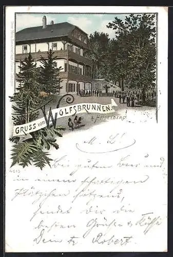 Lithographie Heidelberg, Gasthaus Wolfsbrunnen mit Garten und Gästen