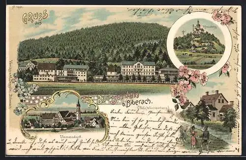 Lithographie Biberach / Riss, Jordanbad, Ummendorf, Kreuzberg, Teilansicht mit Wald