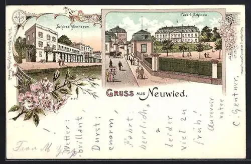 Lithographie Neuwied, Schloss Monrepos, Fürstl. Schloss mit Anlagen u. Strasse