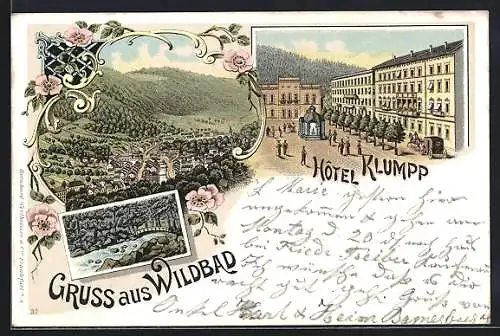 Lithographie Bad Wildbad, Hotel Klumpp, Gesamtansicht