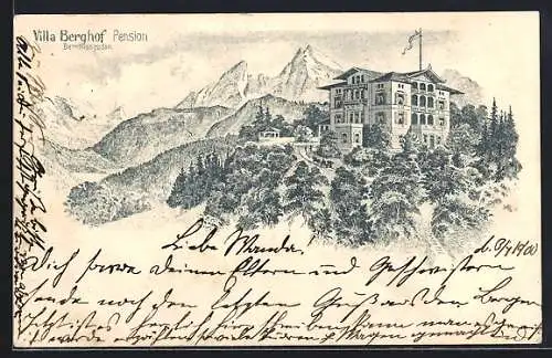 Lithographie Berchtesgaden, Pension Villa Berghof mit Strasse und Bergpanorama