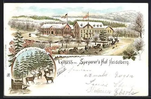 Winter-Lithographie Heidelberg / Neckar, Gasthaus Speyerer`s Hof