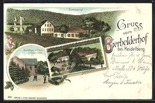 Lithographie Heidelberg, Gaststätte Bierhelderhof mit Umgebung und Garten, Wachthaus auf dem Scheibenstand