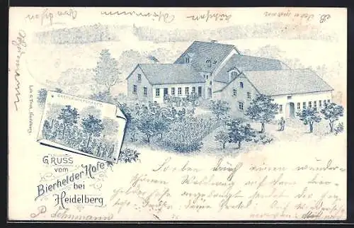 Lithographie Heidelberg / Neckar, Gaststätte Bierhelder Hof mit Umgebung und Gartenwirtschaft