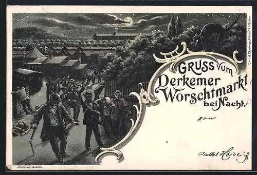 Lithographie Bad Dürkheim, Derkemer Worschtmarkt bei Nacht, Festgelände mit betrunkenen Gästen auf dem Heimweg, Vollmond