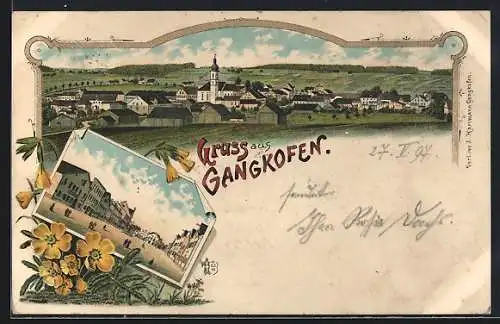 Lithographie Gangkofen, Ortsansicht mit Strassenpartie