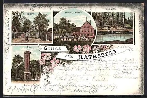 Lithographie Rathsberg, Schloss, Gartenrestaurant, Wildnis