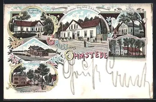 Lithographie Ohmstede, Gasthaus Ohmsteder Krug, Inh. J. A. Siebels, Haslinde`s Bierbrauerei und Bahnhof